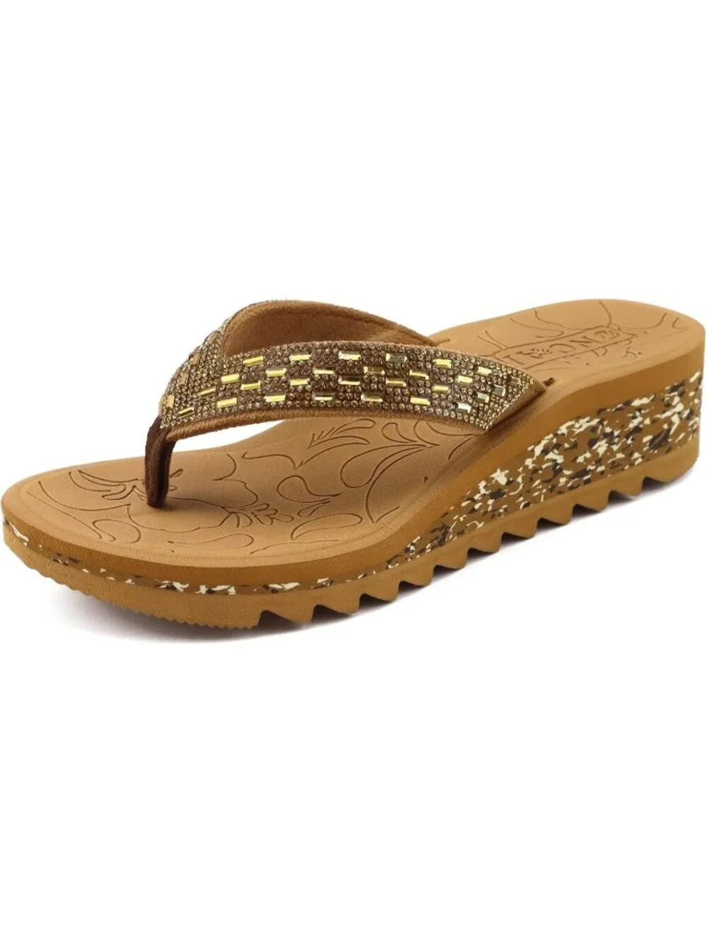 Women's Brown Khaki Summer Comfortable Wedge Flip Flop with Rhinestone Sandals